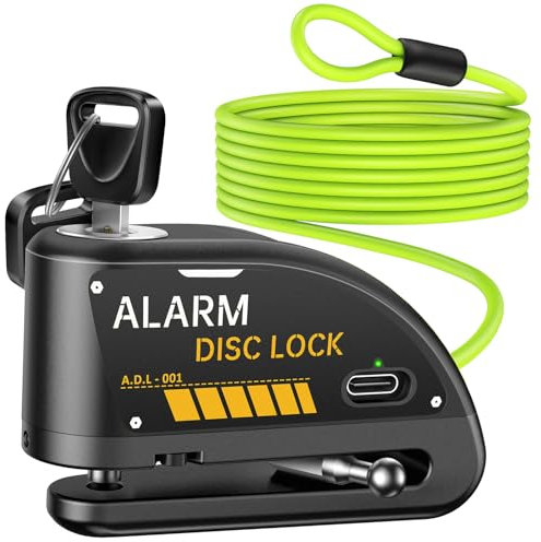 YBLNTEK Motorbike Alarm Disc Lock Rechargeable, 120dB 7mm Pin Motorcycle Disc Brake Lock with 5.9FT Reminder Cable, High Security Anti-Theft Motorbike Locks for Bike Moped Vespa Motocross E-Bike