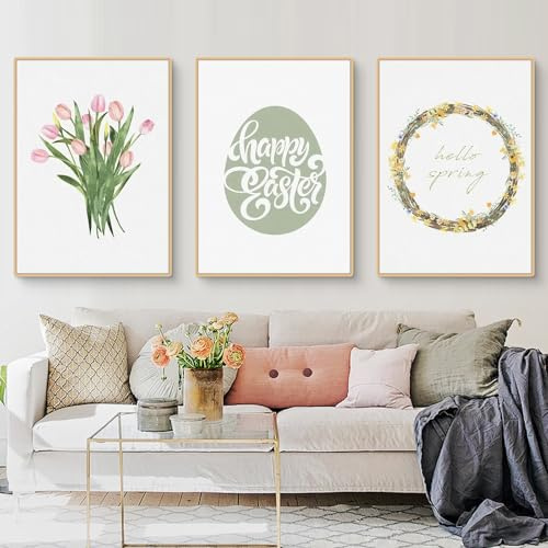 Fiwzzdur Bilder Kinderzimmer 3er Set, Premium Ostern Poster Set, Ostereier Hase Karotte Poster & Kunstdrucke Wandbilder, Deko Kinderzimmer Babyzimmer Mädchen Jungen, Ohne Rahmen (30x40cm,ABC)