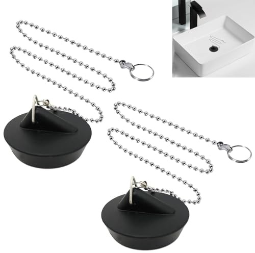 2 Stück Universal Waschbeckenstöpsel mit Kette, Badezimmer Waschbeckenstöpsel Ersatz, Abflussstopfen für Badezimmer Küche, Gummi Badewannenstöpsel mit Edelstahlkette (Größe 40 bis 45MM) (40CM Kette)