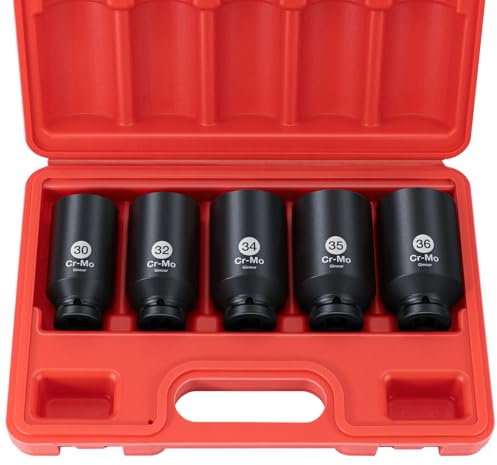Ginour 5tlg Schlagschrauber Nüsse Set 1/2 Zoll 30-36mm, CR-MO Sechskant Kraft Nuss Achsenmutter Für Auto-Radnabenmuttern, LKW, Große Baumaschinen und Geräte