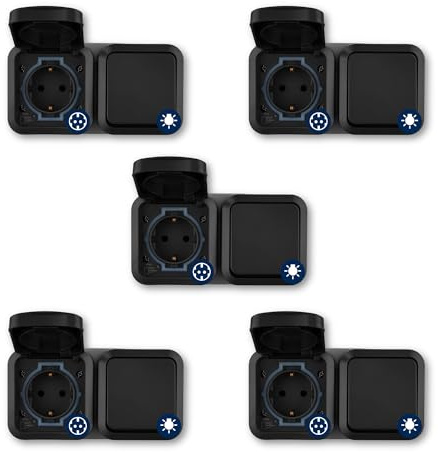 REV AquaStorm SPARSET - 5x Steckdose + Lichtschalter, waagrecht, anthrazit | Waagrechte Aufputzmontage | IP55: Feuchtraum geeignet | 230V, 16A