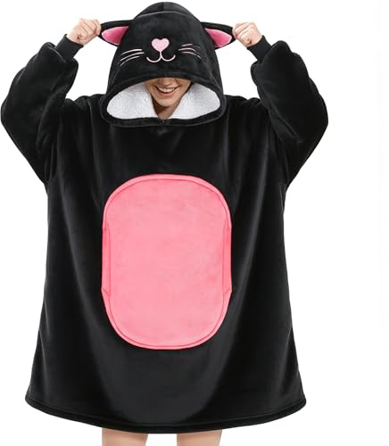 Queenshin Tröja med huva med ficka för kvinnor och män, mjuk och mysig Sherpa Poncho Hoodie, en storlek, Svart katt, one size