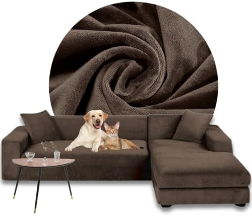 Domidekor Sofa Überzug L-Form – Elastischer Samt Couchbezug, Weich und Wasserdicht – Couch überzug fur 2/3 Sitzer, Sofaüberwurfe mit Anti-Rutsch-Schaumstoffe, Braun, Rechts