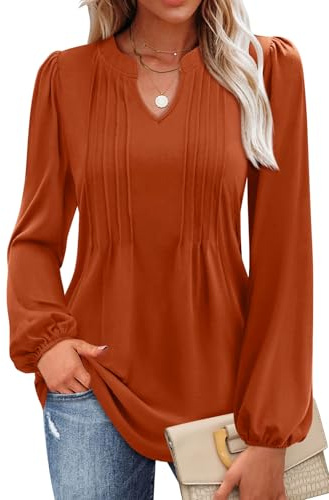 IVIR Women's V Neck Puff Long Sleeve T Shirts Pleated Casual Loose Tunic Blouse Rust XXL