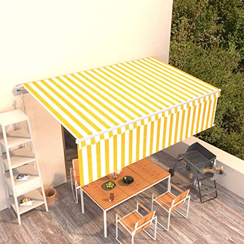Qnhdfrt Automatisch Einziehbare Markise mit Volant 500x300cm Gelb Weiß für Terrasse Balkon Garten Aluminium Rahmen und Fernbedienung Sonnenschutz Outdoor