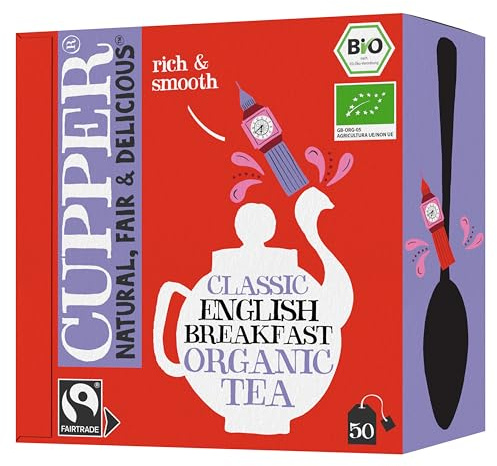 CUPPER - Caja de 50 Bolsitas de Té Negro English Breakfast Ecológico - Apto para Veganos - Propiedades digestivas suaves - Sin azúcares añadidos