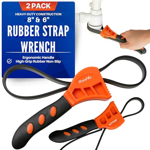 Shearva 2-Pack Rubber Strap Wrench Set, Max Diameter 6 and 8 Heavy Duty Adjustable Strap Wrench Plumbing, Oil Filter, Shower Head, Sink, Pipe, Jar Opener, Non-Slip Grip Wrench (Orange)