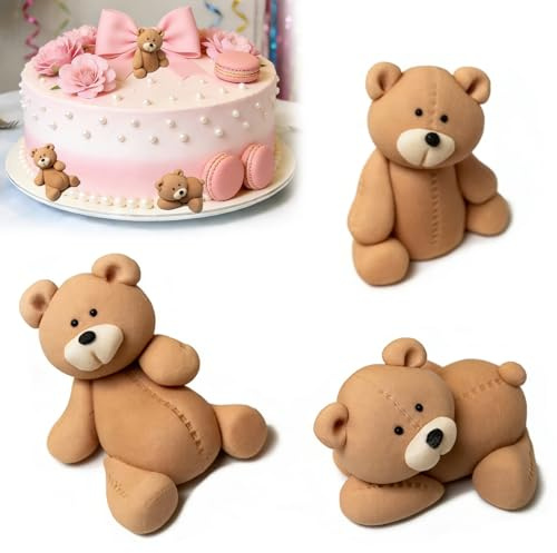 3PCS Teddy Bear Cake Toppers, Bear Cake topper, Adorable Teddy Cake Topper Designs for Birthday Parties, 3D Soft Teddy Bear Cake Decorations for Themed Dessert Arrangements
