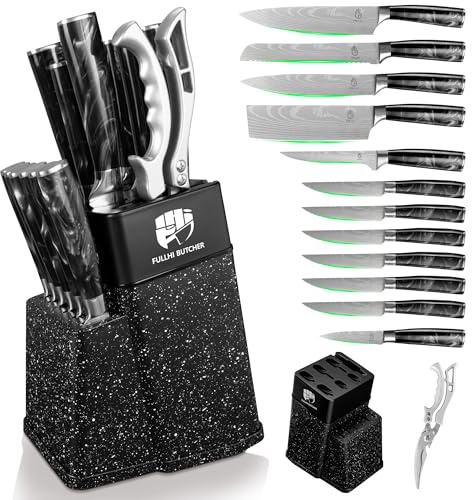 FULLHI 14pcs Block Knife Set, Chef's Knife Steak Knives Set with Block with Sharpener, Kitchen Knife Set, Multi-Colour Handle, Gifts for Men Women (Black Resin)