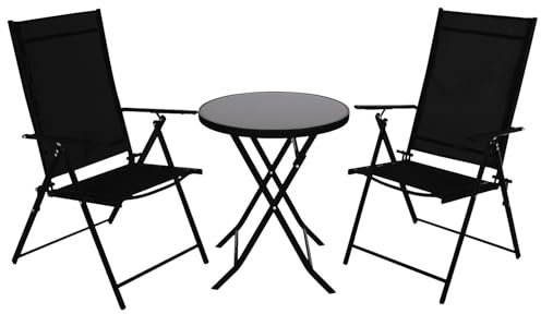 DEGAMO Bistroset Milano 3-teilig, 2X Klappsessel Gestell Metall anthrazit + Kunstgewebe schwarz, Klapptisch 60cm rund Glas Outdoor, Moderne Optik