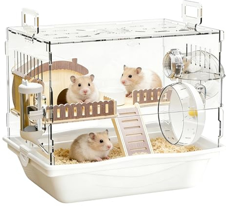 Käfige für Hamster – Haus mit 2 Etagen aus transparentem Acryl, Käfig mit drehbarem Rad, Wasserflasche und für Lebensmittel, für Rennmäuse, Chinchillas, kleine Tiere, Ruhe und Spiel