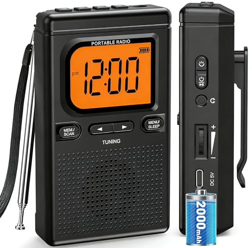 2000mAh Rechargeable AM FM Radio with Bluetooth Portable Transistor Pocket Radio with Best Reception Digital Tuning, Flashlight,LCD Screen,Earphone Jack, Sleep Timer and Alarm Clock for Jogging