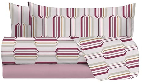 hermet Set Lenzuola Letto Matrimoniale In 100% Cotone Fantasia, Completo Letto 2 Piazze, Lenzuolo da Sopra + Lenzuolo con Angoli +2 Federe, Mira Malva