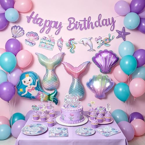 Mermaid Birthday Decoration Mermaid Party Plates Napkins | Tail Shells Balloons Cake Cupcake Decor Under the Sea Decoration Tableware Supplies 10 Guests