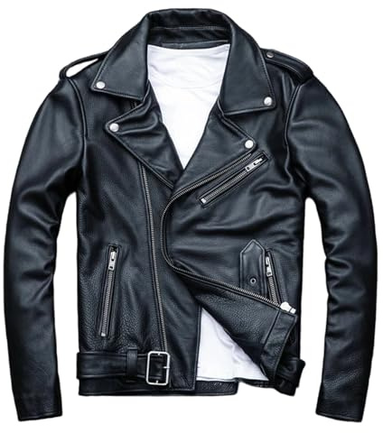 Jegsnoe Chaqueta de cuero vacuno para hombre, cuello de solapa, cierre de cremallera asimétrico, dobladillo con cinturón, abrigo casual para motocicleta, Negro, L
