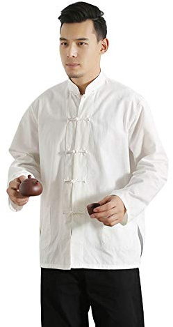 Idopy Men`s Chinese Traditional Linen Cotton Tai Chi Kung Fu Mandarin Collar Frog-Button Shirt (US XS, White)