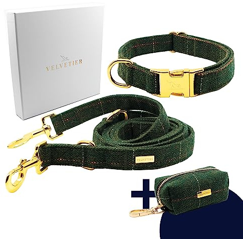 VELVETIER Hundehalsband Set Oxford (Tweed Grün) mit Leine, M/L 39-59 cm | Kotbeutelspender inklusive, goldene Beschläge, für mittlere und große Hunde, Labrador, Schäferhund