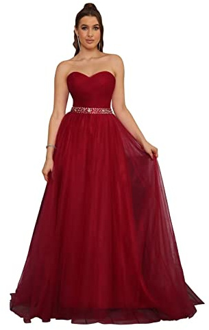 PCBROS Robe de Soirée Longue Bustier Dos Nu avec Traîne Balayage en Tulle Robe de Princesse plissée Bordeaux 32