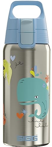 SIGG - Isolierte Trinkflasche Kinder - Shield Therm One Whale Friend - Kohlensäuregeeignet - Auslaufsicher - Spülmaschinenfest - BPA-frei - 90% recycelter Edelstahl - Brushed & Blau mit Wal - 0,5L