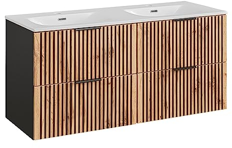 Lomadox Double vasque de salle de bain 121 cm - Meuble bas - Tiroirs - Lavabo en céramique anthracite avec chêne Nb noir strié - 121 x 58,5 x 46 cm (l x H x P)