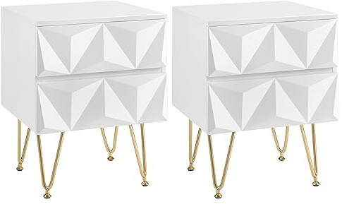 EUGAD Set di 2 Comodino per Camera da Letto, Comodino Bianco con 2 Cassetti e Gambe Dorate, 40x40x53cm, Tavolino da Salotto, Divano, Cameretta, Frontale in Rilievo, in Legno e Metallo, 0001CTG-2
