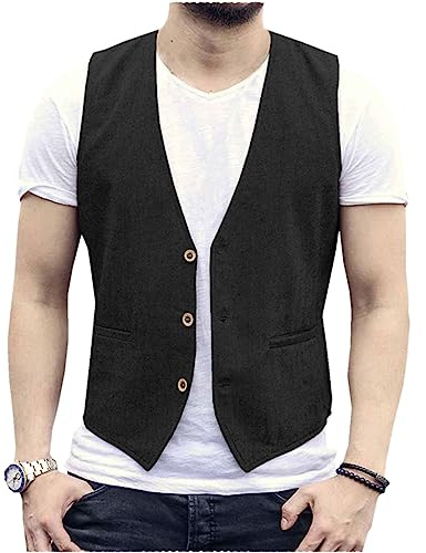 AeoTeokey Herren Sommer Leinenweste Anzug Weste Casual Weste Regular Fit(Schwarz,XL)