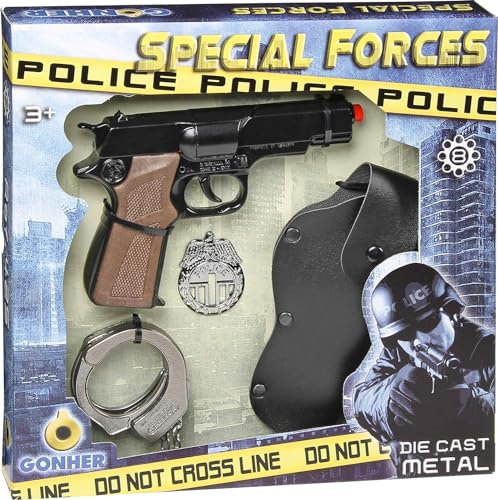 Gonher Polizistenset mit 8 Schuss und Handschellen - Karneval - Fastnacht - Narrenzeit - Karnevalzeit - Rollentausch - Fantasiespiel - improvisieren - verkleiden