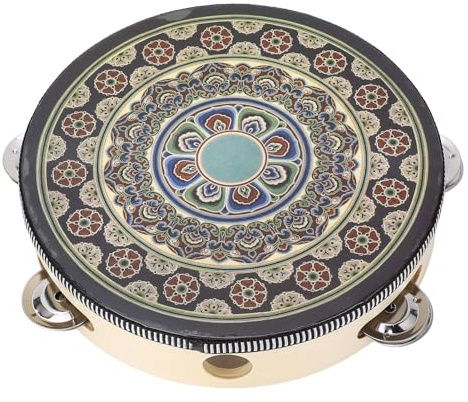 8 Zoll Tamburin, Hölzerne Hand Tamburin Trommel mit Metallschellen, Musikalisches Schlaginstrument für Kirchliche Hochzeitsfeiern (Black Flower)