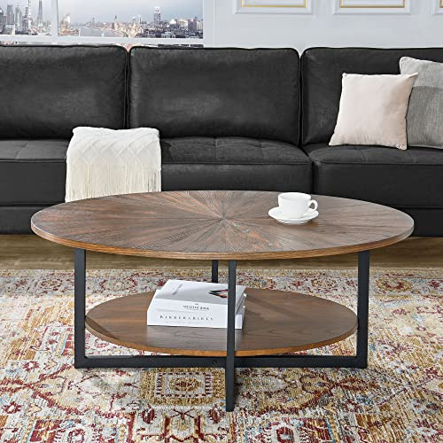Massivholz Couchtisch rund für 2 Etagen, Ovaler Couchtisch im Modern-vintage Stil, Massivholzplatte & Kreuzförmige Eisenbeine, Kaffeetisch, Wohnzimmertisch, 110 x 66 x 45.5 cm, einfache Montage, NC