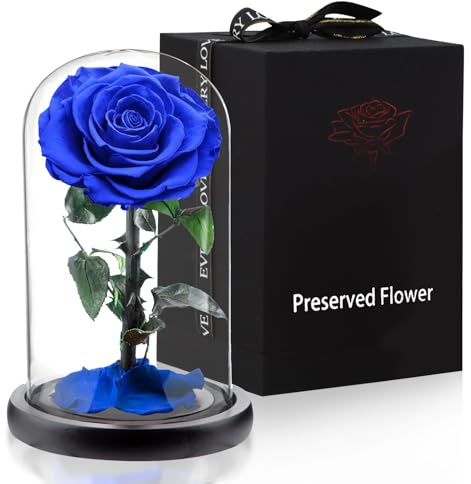 APKOL Rosa Stabilizzata Vera in Vetro, Rosa Eterna Realizzati con Rose | vere, Fiori Stabilizzati Sotto Vetro a Cupola, Regalo Donna Compleanno, Regalo Mamma, Regalo Fidanzata, Moglie,blu