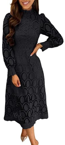Women Summer Lace Hollowed Out Dress Slim Stand Collar Puff Sleeve Solid Long Dress Halter Dresses for Women Summer (Black, S)