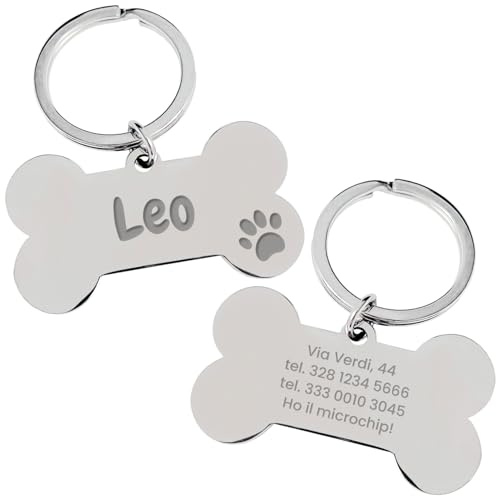 LASERO’ Medaglietta Cane Personalizzata a Forma di Osso in Acciaio Lucido 50×30 mm, 20g – Targhetta Cane con Incisione Laser di Nome e Dati – 4 Simboli - Colore Argento