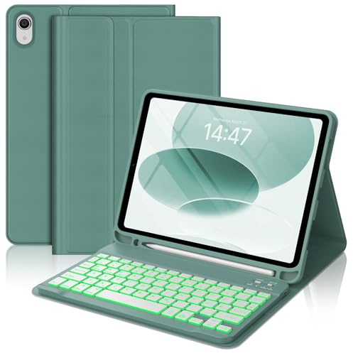 FOGARI Funda con teclado para iPad de 10 generación/A16 de 11 generación, iluminación de 7 colores, con soporte para lápiz y carga rápida, diseño QWERTZ para iPad de 10,9/11 pulgadas, verde oscuro