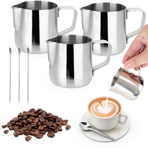 WENLISELL 3 PCS 304 Stainless Steel Milk Jug, 150ml Milk Pitcher Cup with with Dripless Spout, 5oz Stainless Steel Coffee Milk Jug with Decorating Pen for Latte Art, Cappuccino Espresso