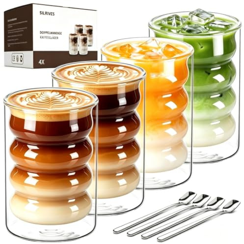 SILRIVES Doppelwandige Kaffeegläser Latte Macchiato Gläser 350ml 4er