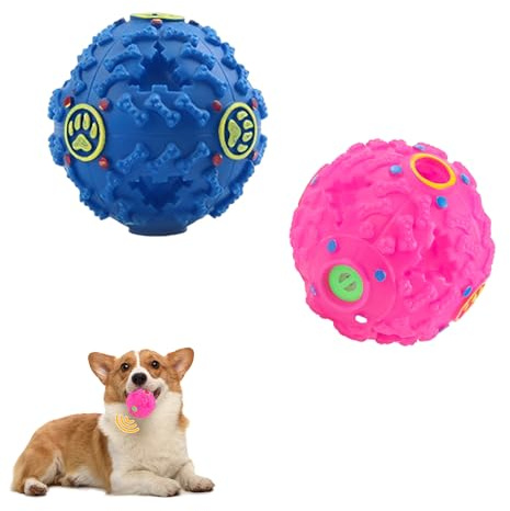 2 Pcs Interactive Dog Treat Toys Pet Treat Dispenser Balls 7.5cm Rubber Dog Interactive Squeak Balls Puppy Dispenser Puzzle Chew Toys for Boredom Training Tooth Cleaning for Small Pets (Blue, Red)