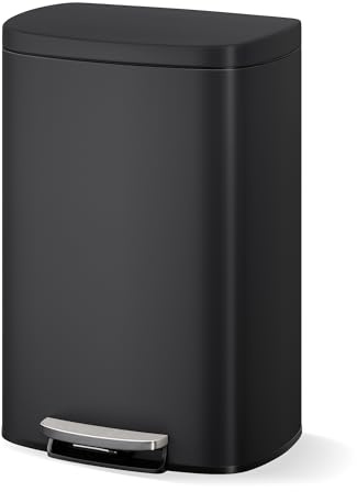 GarveeLife Mülleimer Küche, 50 Liter, Abfalleimer, Treteimer, Mit Deckel, Softclose, Fußpedal, Stahl, Inneneimer, Schwarz