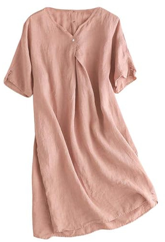 FTCayanz Donna Vestiti Estivi Scollo V Manica Corta Sciolto Casual Vestito Dress in Lino Rosa XXL