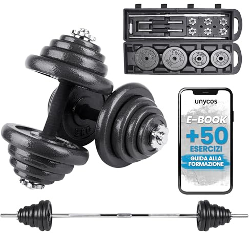 unycos - Par de Mancuernas Ajustables y Antideslizantes con Barra de Conexión【50 kg】E-Book y Maletín, Discos de Hierro con Tuercas Seguras, Gimnasio en Casa, Fitness (Iron Transformer)