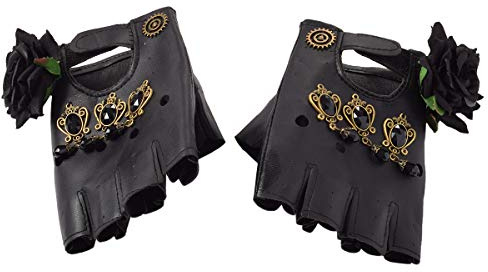 COSDREAMER Fingerlose Handschuhe für Damen, Steampunk-Zahnräder, Rosen, Punk, Gothic, Fäustlinge, Kompass, Kettenhandschuh … (Schwarz)