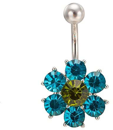 KnSam Bauchnabelpiercing Hellblau, Anhänger Blumen Rund Piercing Schmuck mit Hellblau Zirkonia in Edelstahl, Gebogene Nabel Barbell 30mm