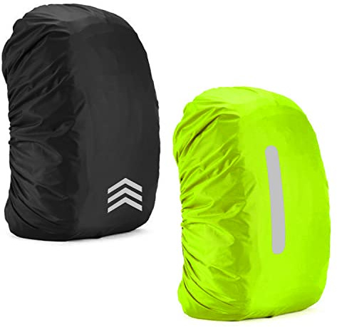 2 housses de sac à dos réfléchissantes, housse de pluie élastique avec bandes réfléchissantes, housse de pluie pour sac d'école, adaptée au camping en plein air et à la randonnée. (Noir, vert fluo)