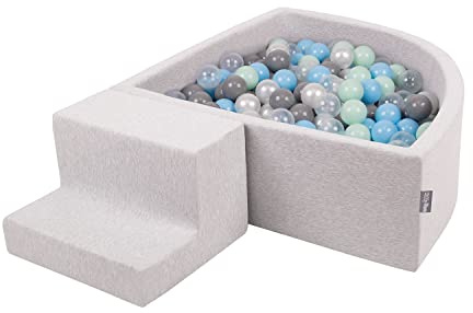 KiddyMoon Skumlekplats för barn med kvartal vinklad bollhav (100 bollar) hinderbana, ljusgrå: pärla/grå/genomskinlig/babyblå/mint