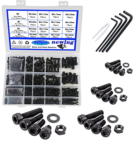 Newlng M2 M3 M4 M5 Boulon Tête Noir Jeu de Vis et Écrous Avec Rondelles Noir 940 Pièces Acier au Carbone Kit