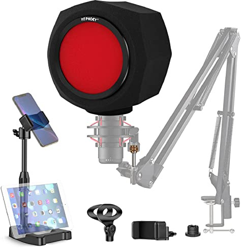 Microphone Windscreen Pop Filter, Recording Shield,Isolation shield Sound-Absorbing Foam Windscreen for Large Mic, Studio Equipment Indoor & Outdoor Recording with Gift Mic Stand&Phone Holder
