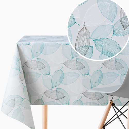 KP HOME Toile Cirée Rectangulaire 300x140cm, Gris et Bleu Turquoise, Nappe Plastique en PVC Essuyable pour Intérieur et Extérieur, Facile à Nettoyer, Imperméable en Vinyle - Motif Feuilles Botaniques