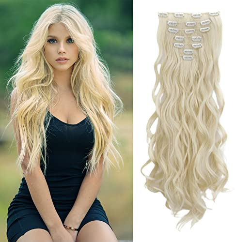Cybelleza Clip in Haarverlängerung Haarteil Gewellt Synthetik 7Stück 50cm | Clip in Extensions Haarverlängerungen für Frauen Günstig Wellige Lockig Lang Haarextension, Bleichblond