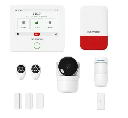 Daewoo Pack Alarme Wifi AM310, Centrale à écran Tactile, détecteur de Mouvement adapté aux Animaux, contacteurs de Porte, Vibration, sirène, caméra et contrôle à Distance