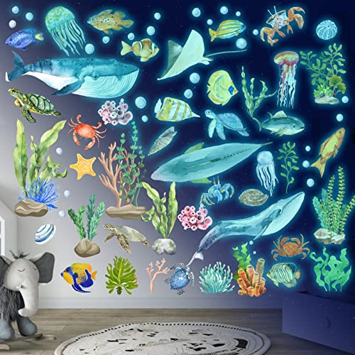 Meerestiere Wandtattoo Leuchtend Wandsticker Leuchtaufkleber Ozean Fluoreszierend Wandaufkleber Aufkleber Unterwasserwelt Meereswelt Leuchtaufkleber Für Kinderzimmer Dekorative Aufkleber Blau