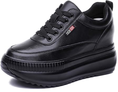 JAOOUU Damen Sneaker mit Keilabsatz Bequeme Turnschuhe mit Wedges aus Leder Modische Plateausohle Innere 9CM Erhöhung Schuhe für Frauen Freizeitschuhe Schwarz 37EU
